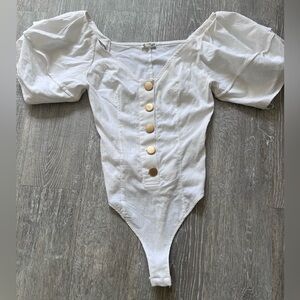Free People Linen White Puff Sleeve Button Front Bodysuit